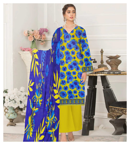 Digital Print 3-Piece Khaddar Suit, royal blue base adorned with bright yellow and blue floral motifs