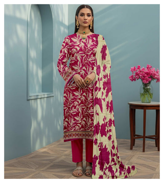 Digital Print 3-Piece Pure Khaddar Suit Magenta Base with White floral