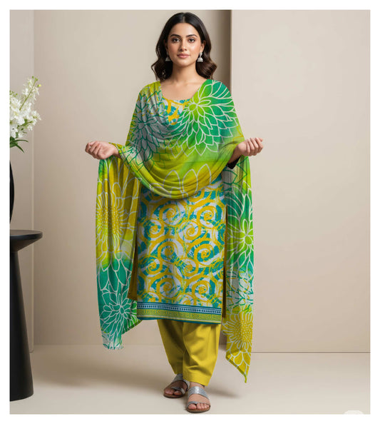 Digital Print 3-Piece Khaddar Suit  lively green base with floral patterns in yellow, blue, and soft purple, creating a fresh and radiant look