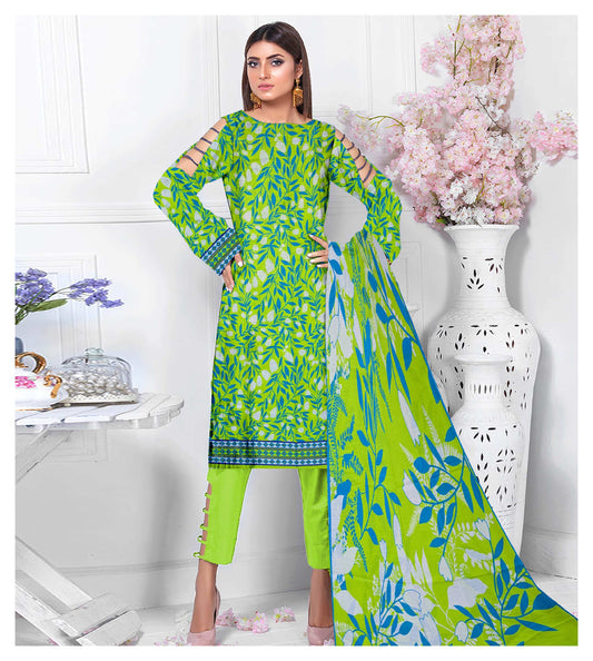 Digital Print 3-Piece Khaddar Suit a vibrant green base with blue and white leaf patterns