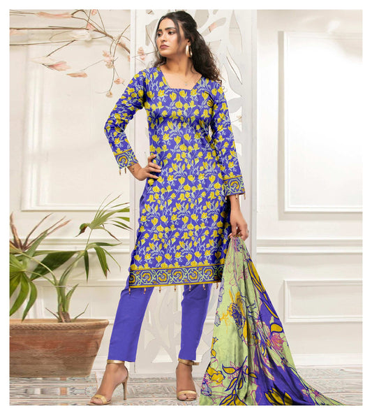 Digital Print 3-Piece Khaddar Suit, features a deep royal blue base adorned with vibrant yellow floral patterns,