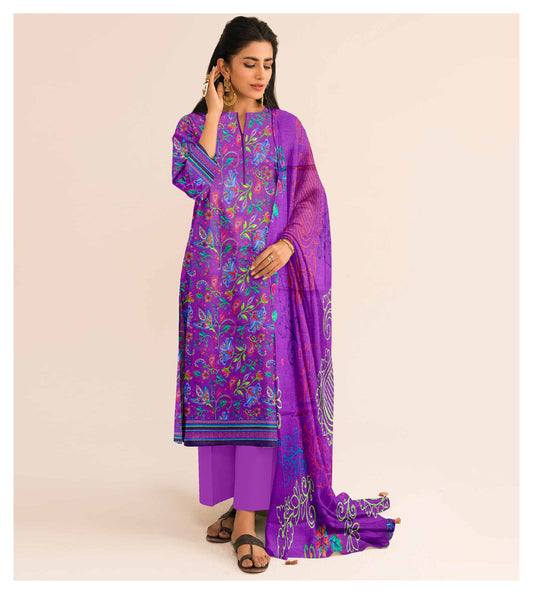 Digital Print 3-Piece Khaddar  Suit deep purple base adorned with intricate floral and paisley motifs in shades of blue, green, and pink