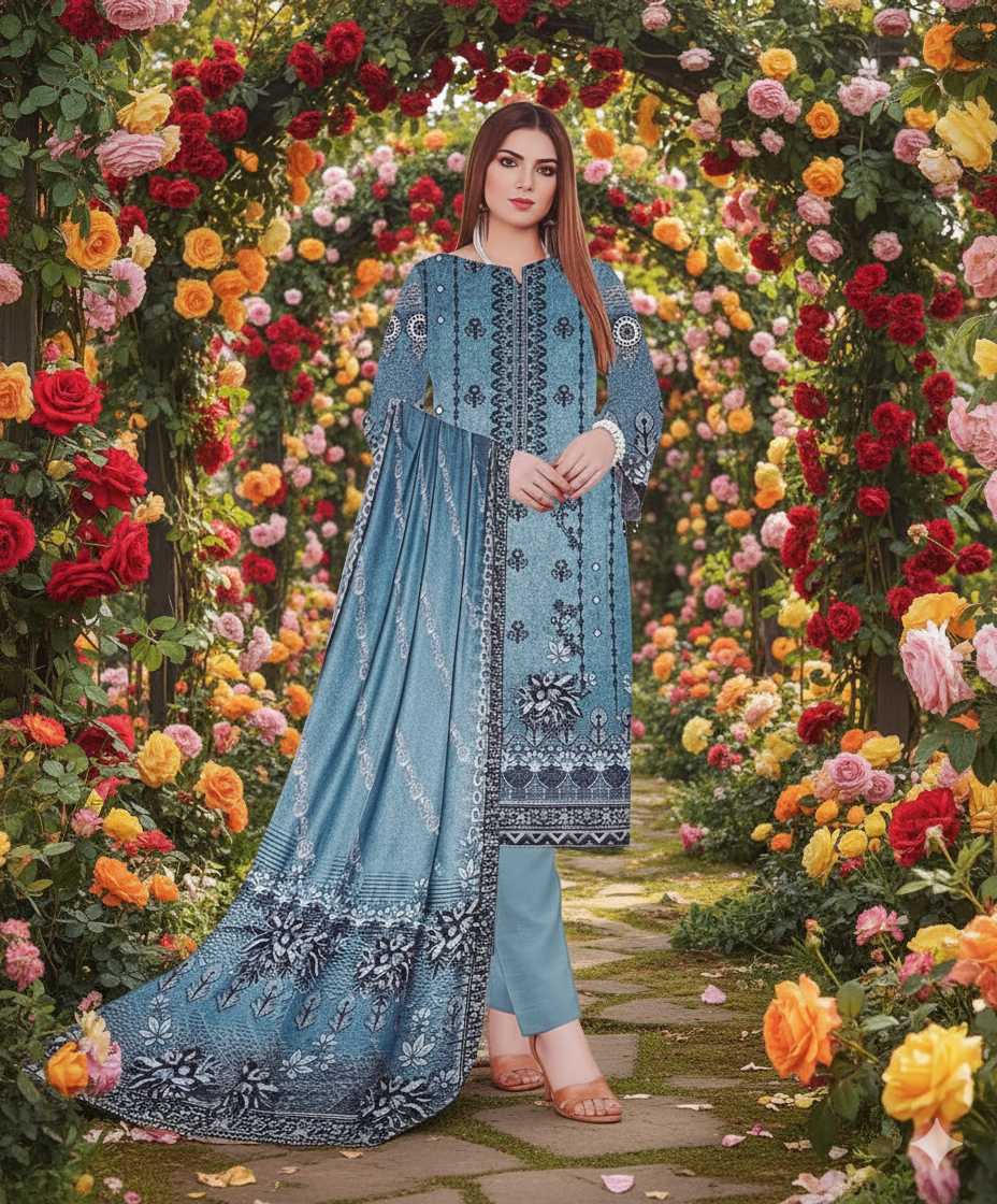 Karandi Embroidered 3PC Suit with Digital Print Dupatta & Cutwork embroidery – EKD-1