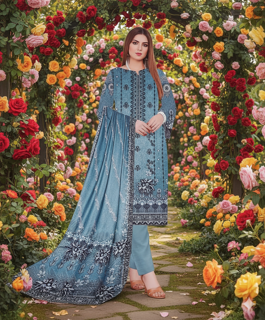Karandi Embroidered 3PC Suit with Digital Print Dupatta & Cutwork embroidery – EKD-1
