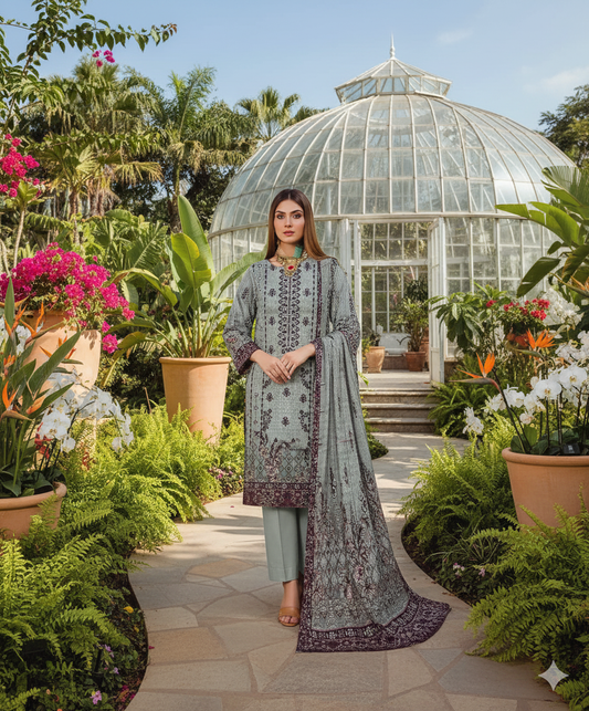 Woman in a floral dress standing in a garden with greenery and a greenhouse in the background