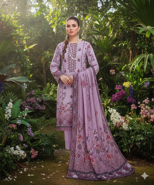 Woman wearing a lavender Karandi embroidered 3PC suit with pink and maroon digital print, standing in a lush garden surrounded by vibrant flowers.