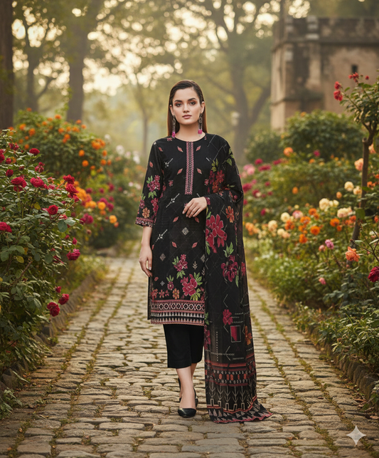Woman wearing a black embroidered Dhanak 3PC suit with red and pink digital print, standing on a cobblestone garden path surrounded by blooming flowers.
