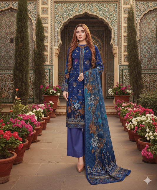 Woman wearing a blue embroidered Dhanak 3PC suit with floral digital print, standing in a courtyard with traditional architecture and vibrant flowers.