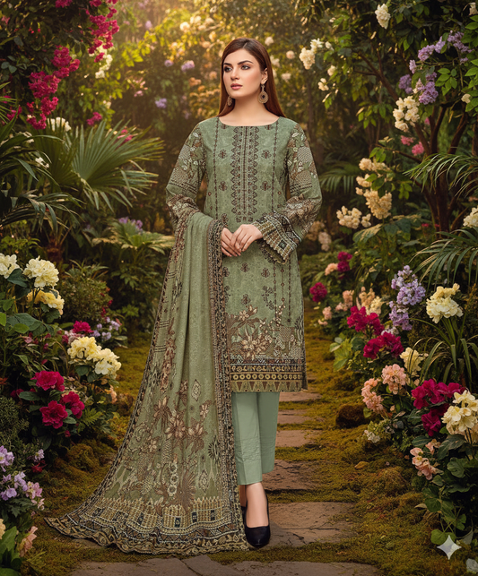 Woman wearing a green Karandi embroidered 3PC suit with gold and brown digital print, standing on a garden pathway surrounded by vibrant flowers.
