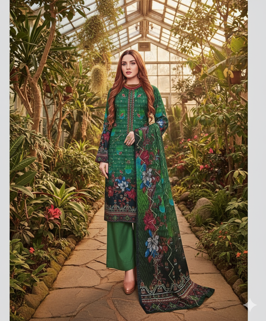 Woman wearing a green embroidered Dhanak 3PC suit with floral digital print, standing in a lush indoor botanical garden with tropical plants.