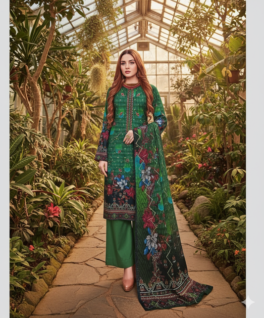 Woman wearing a green embroidered Dhanak 3PC suit with floral digital print, standing in a lush indoor botanical garden with tropical plants.