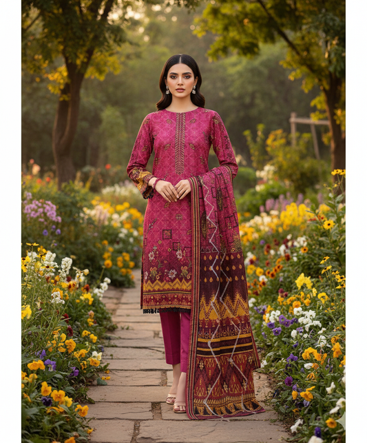 Woman wearing a magenta embroidered Dhanak 3PC suit with golden digital print, standing in a vibrant garden filled with colorful flowers.