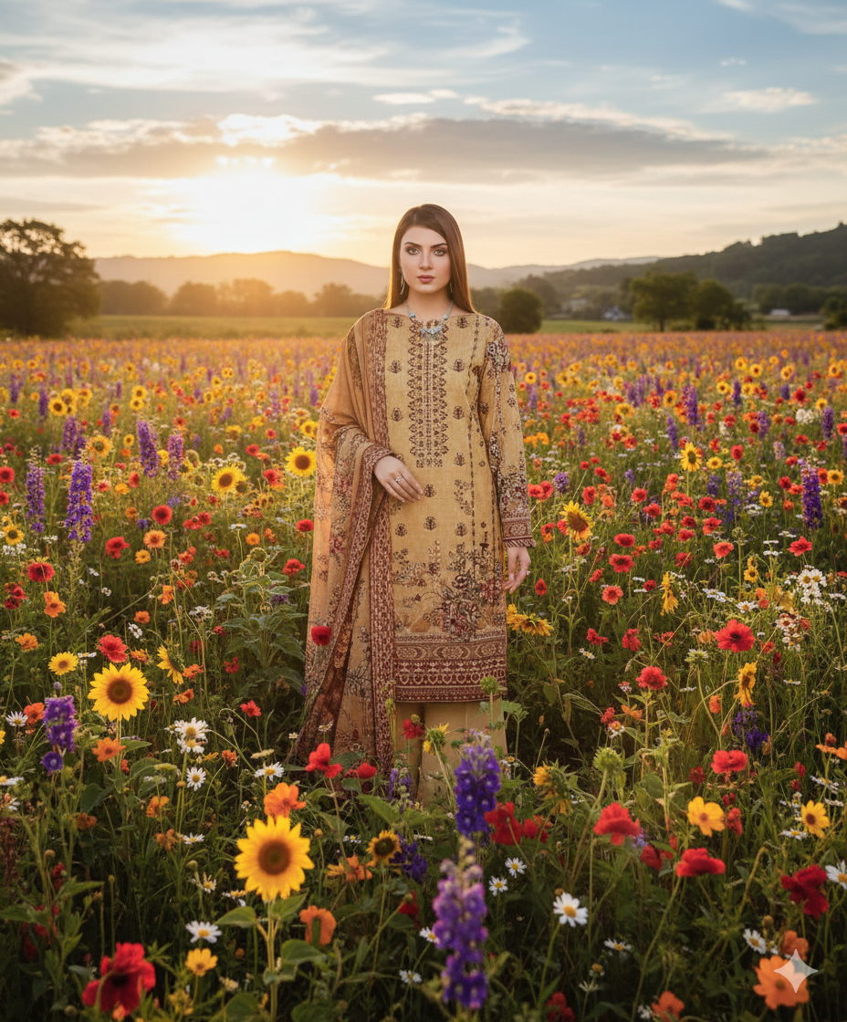 Woman wearing a brown Karandi embroidered 3PC suit with gold digital print, standing in a vibrant flower field during sunset.