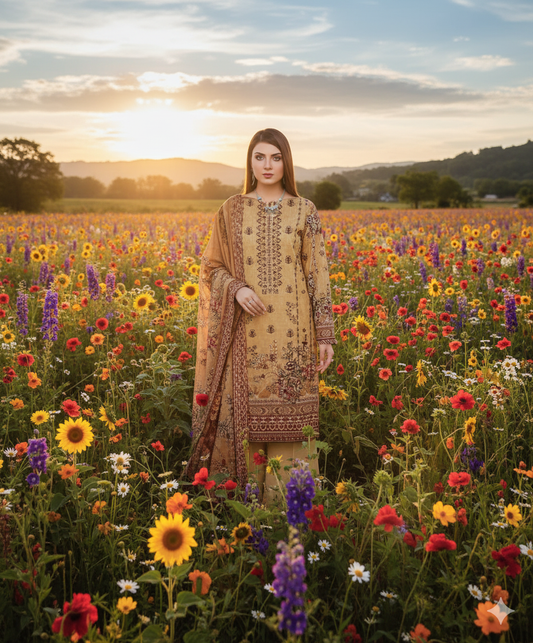Woman wearing a brown Karandi embroidered 3PC suit with gold digital print, standing in a vibrant flower field during sunset.