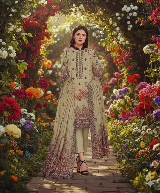 Woman wearing a beige and maroon Karandi embroidered 3PC suit with digital print, standing on a garden pathway surrounded by blooming flowers.