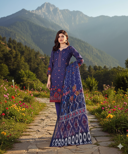Woman wearing a deep blue embroidered Dhanak 3PC suit with red and white digital print, standing on a garden path with mountain views and blooming flowers.