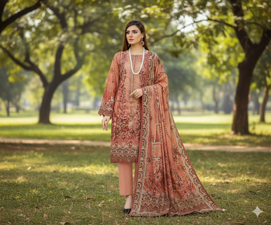 Woman wearing a rust Karandi embroidered 3PC suit with peach digital print, standing in a serene park with trees and grass in natural daylight.