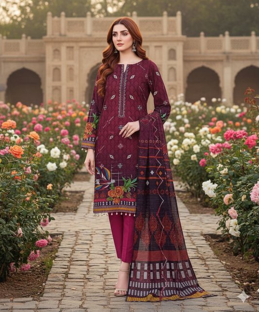 Woman wearing a maroon embroidered Dhanak 3PC suit with floral and geometric digital print, standing on a cobblestone garden path with blooming roses and historic architecture.