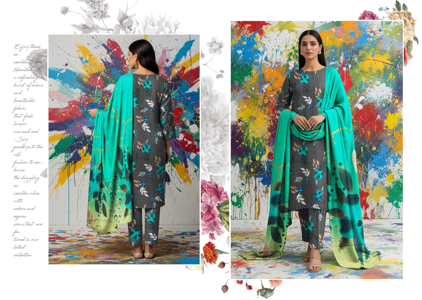 Bana Dora Allover BDA-08 – Dark Gray Floral Linen Suit with Gradient Dupatta & Breezy Elegance