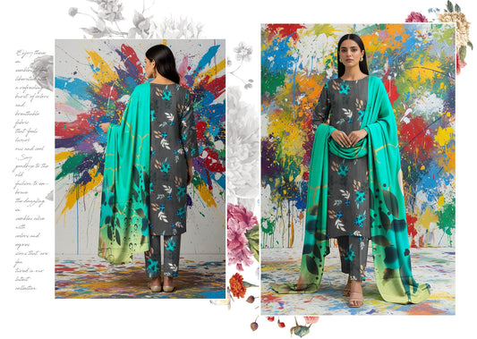 Bana Dora Allover BDA-08 – Dark Gray Floral Linen Suit with Gradient Dupatta & Breezy Elegance