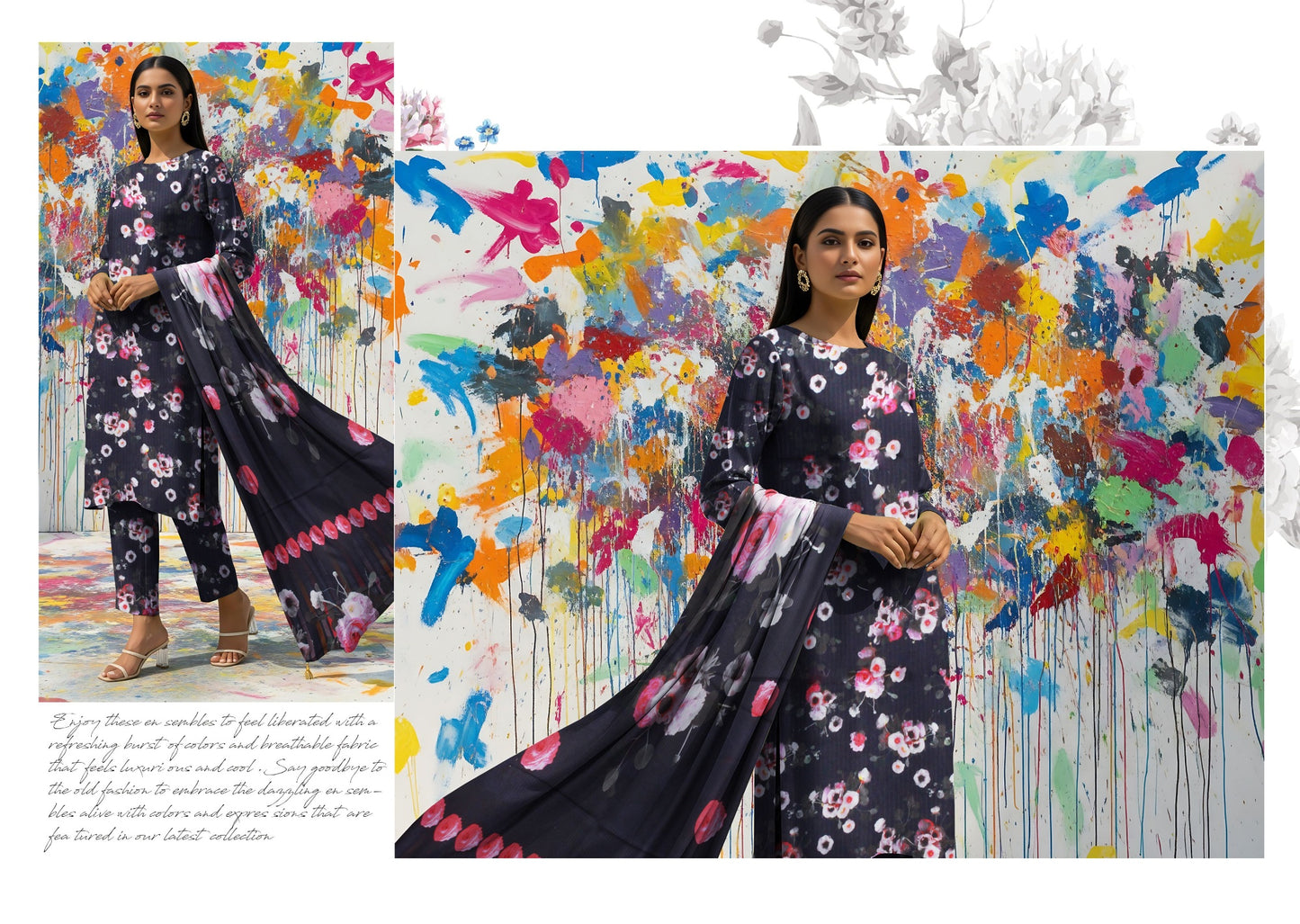Bana Dora Allover BDA-09 – Dark Floral Linen Suit with Flowing Dupatta & Artistic Grace