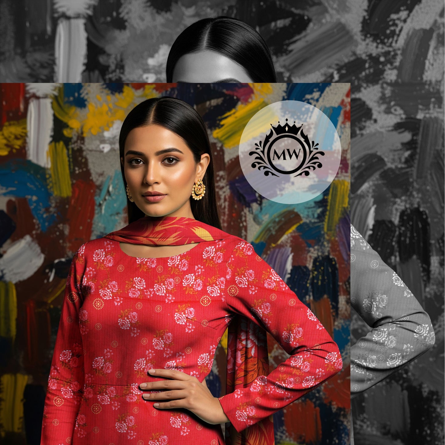 Bana Dora Allover BDA-05 – Red Floral Linen Suit with Vibrant Dupatta & Cultural Charm