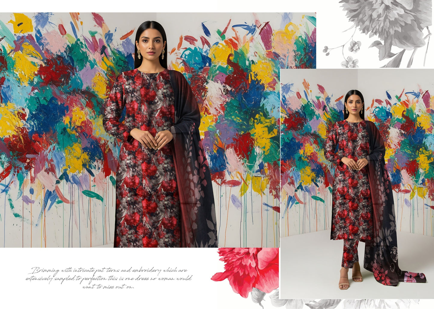 Bana Dora Allover BDA-04 – Red & Black Floral Linen Suit with Statement Elegance