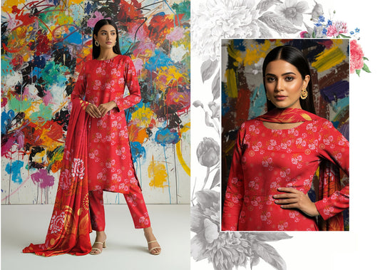 Bana Dora Allover BDA-05 – Red Floral Linen Suit with Vibrant Dupatta & Cultural Charm