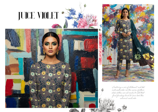 Bana Dora Allover BDA-06 – Juice Violet Grey Floral Linen Suit with Teal Dupatta