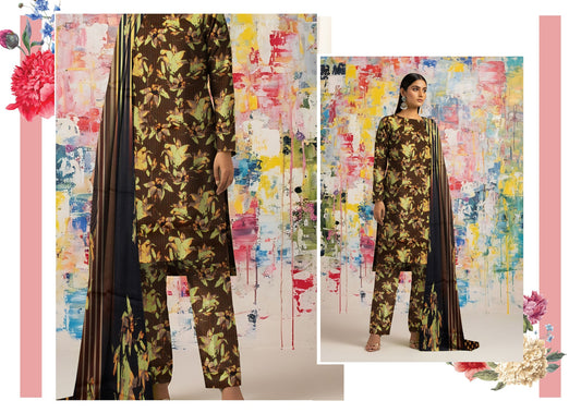 Bana Dora Allover BDA-07 – Brown Floral Linen Suit with Striped Dupatta & Earthy Elegance