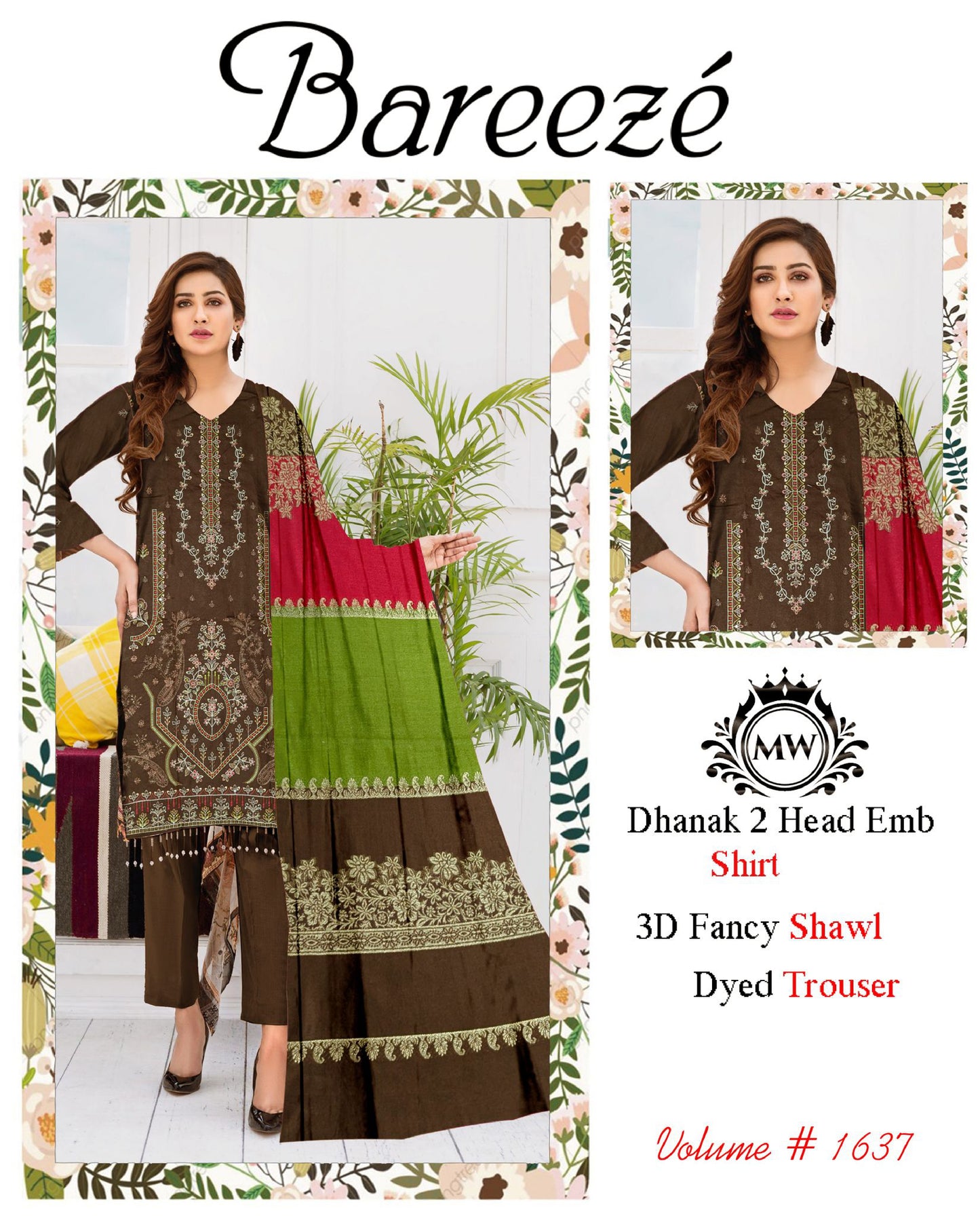 Dhanak Embroidered 3PC Suit with 3D Wool Shawl – BDHE-1
