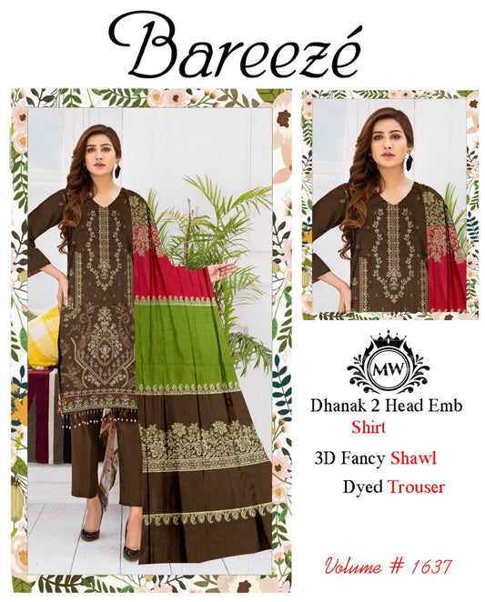 Dhanak Embroidered 3PC Suit with 3D Wool Shawl – BDHE-1