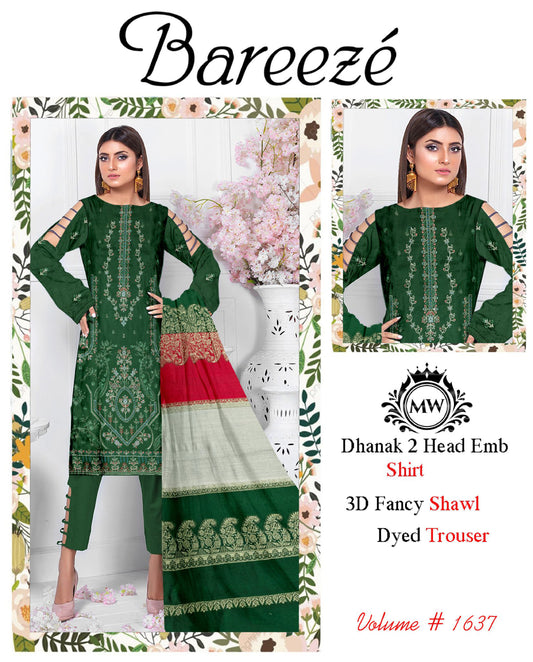 Dhanak Embroidered 3PC Suit with 3D Wool Shawl – BDHE-2