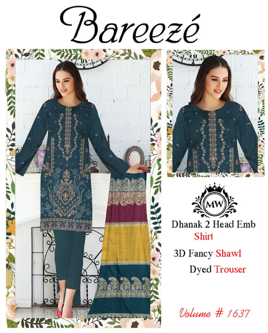 Dhanak Embroidered 3PC Suit with 3D Wool Shawl – BDHE-3