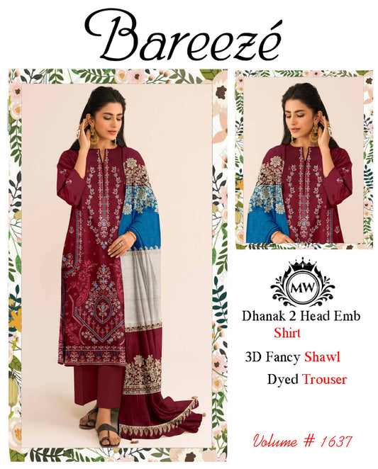 Dhanak Embroidered 3PC Suit with 3D Wool Shawl – BDHE-4