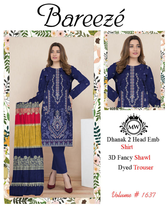 Dhanak Embroidered 3PC Suit with 3D Wool Shawl – BDHE-5