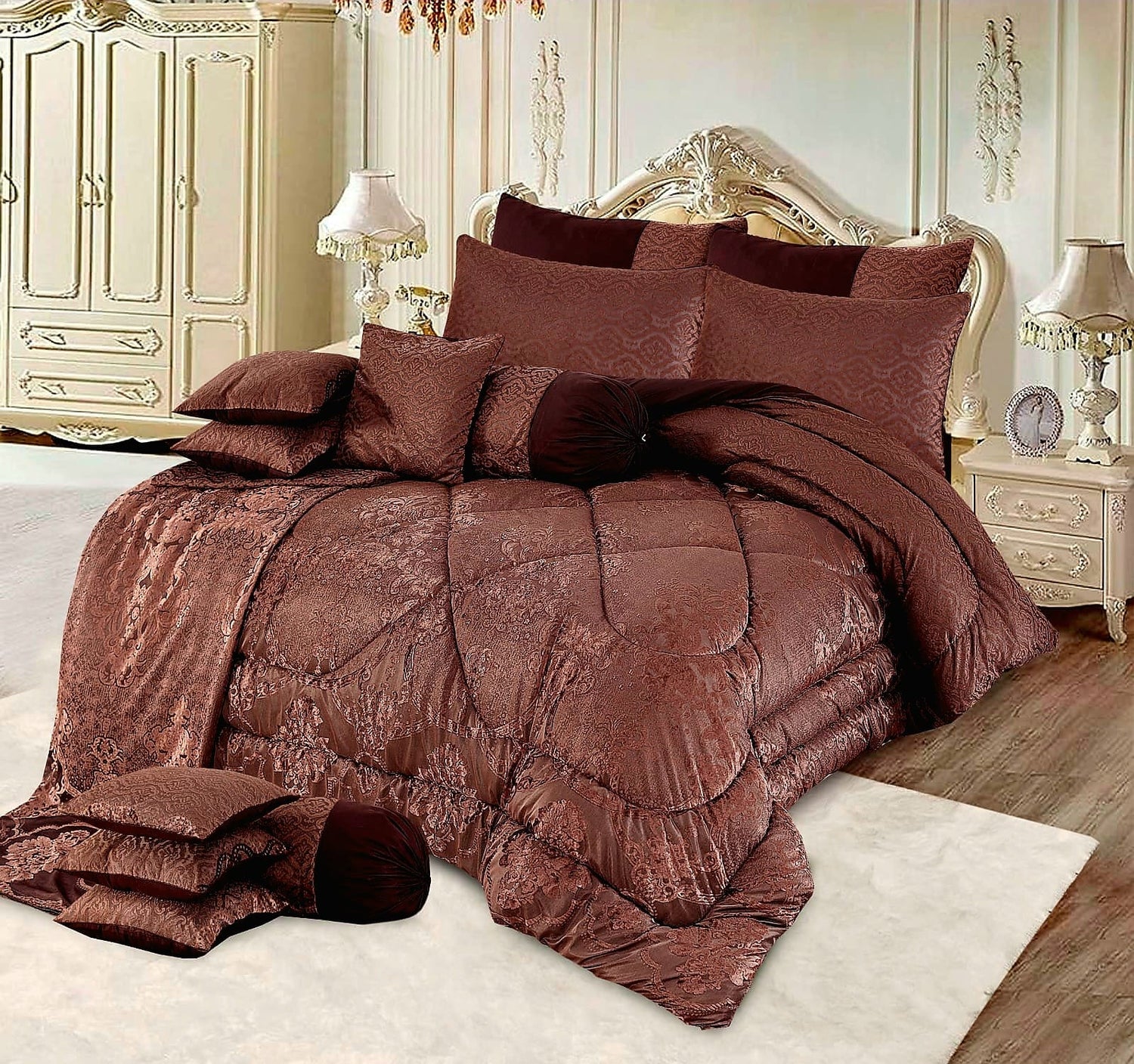 Luxurious 14-piece razai bedding set in plush fabric with filled razai, cushions, bolsters, and bed sheet, styled in a classic bedroom setup.