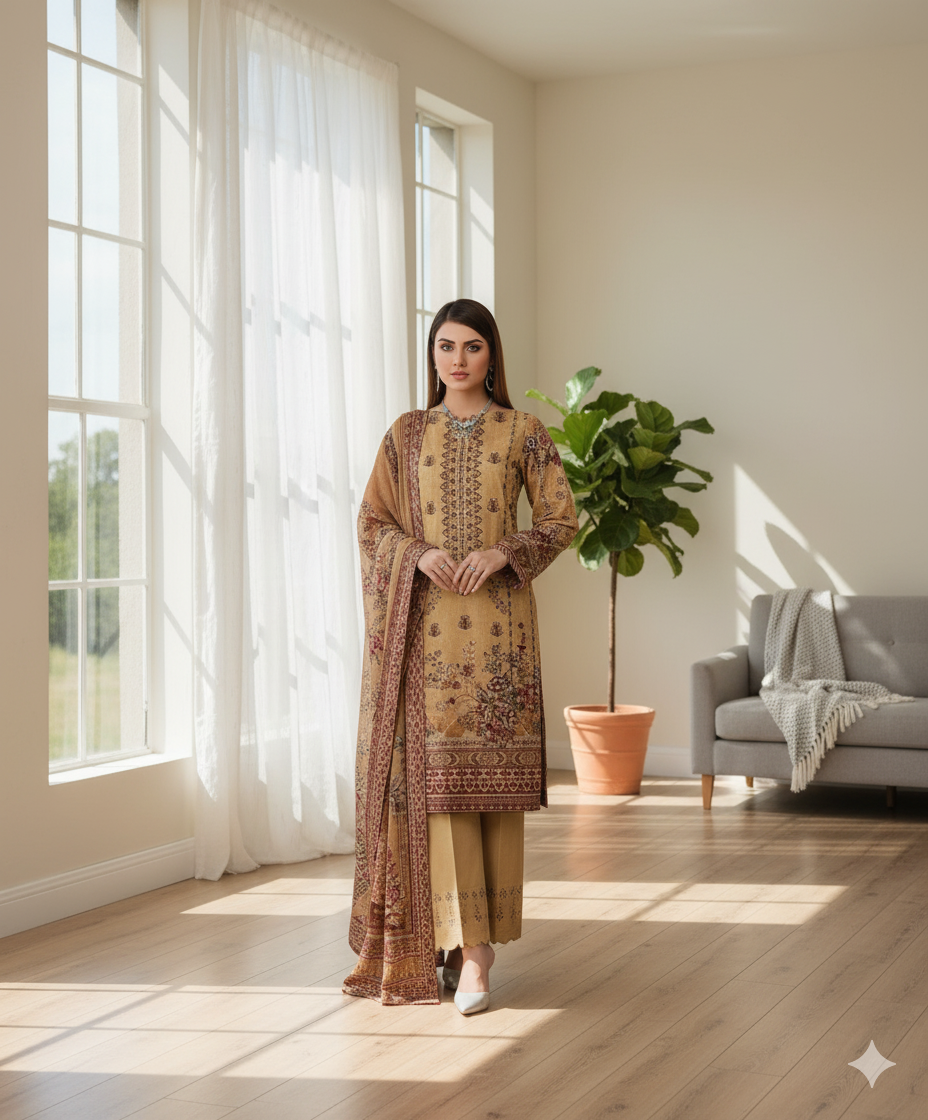 Woman wearing a mustard Karandi embroidered 3PC suit with maroon and brown digital print, standing in a modern living room with natural light and minimal decor.