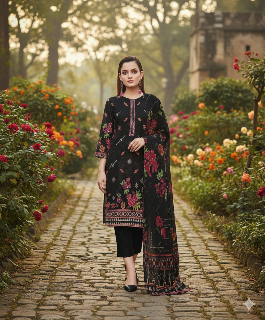 Embroidered Dhanak 3PC suits featuring digital print and embroidery on shirt and dupatta, styled with plain trousers for winter elegance.