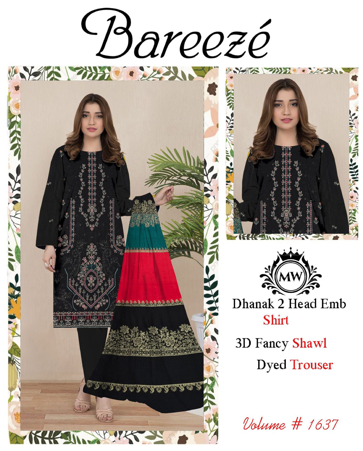 A stylish woman wearing a Bareezé Dhanak embroidered three-piece winter suit in rich chocolate brown, featuring elegant thread embroidery on the shirt, a **3D fancy wool