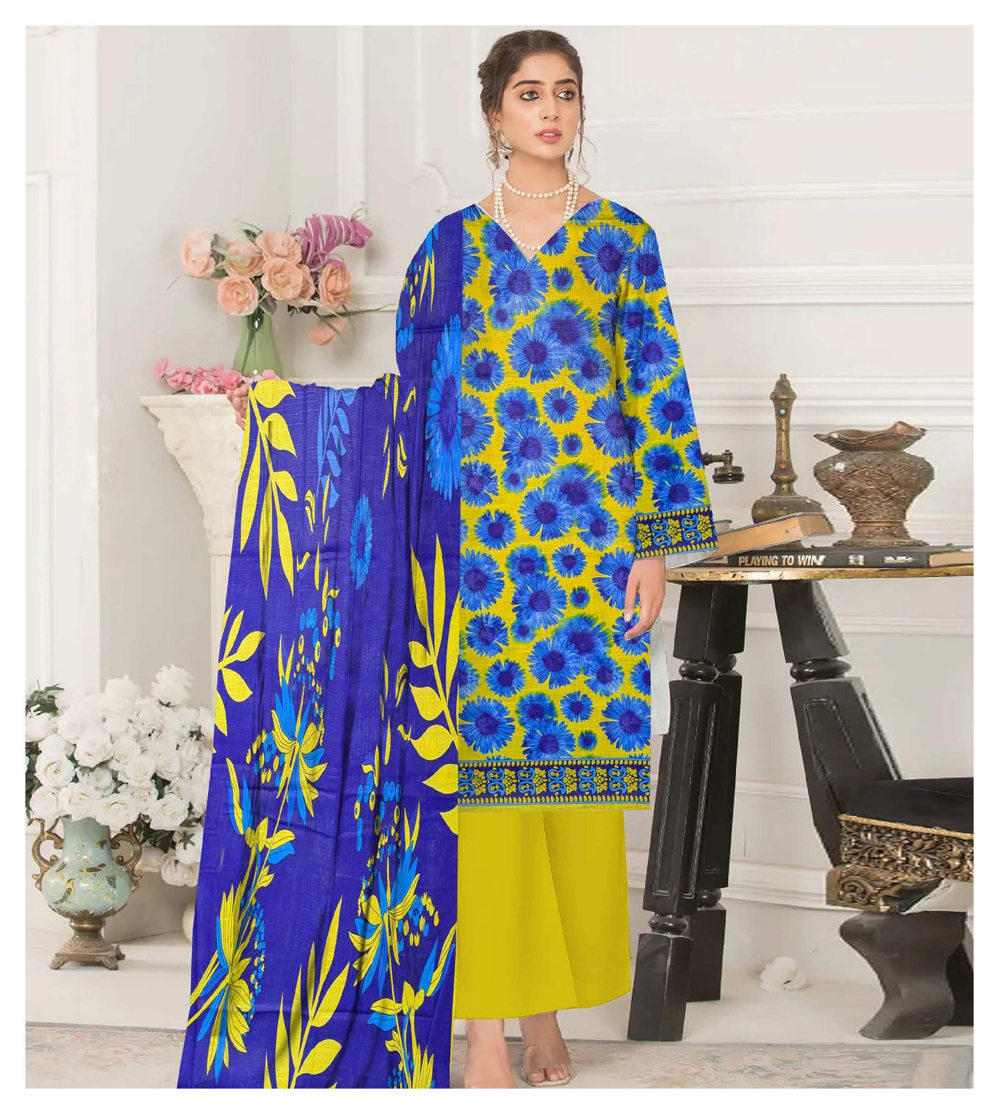 Digital Print 3-Piece Khaddar Suit, royal blue base adorned with bright yellow and blue floral motifs