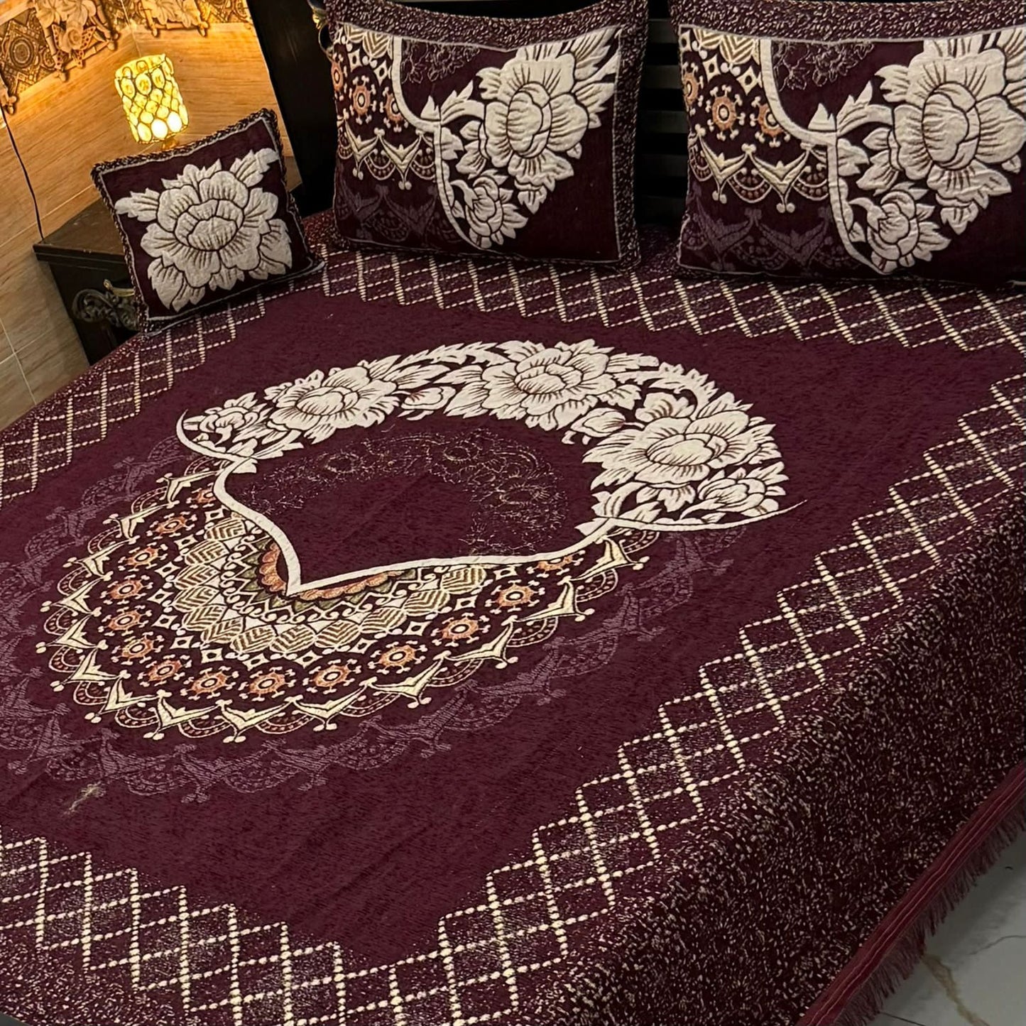 4Pc King Size Velvet Jacquard Bedsheet Set – Premium Floral Design with Cushion Cover (Available in 70+ Designs & Colors)-Hut