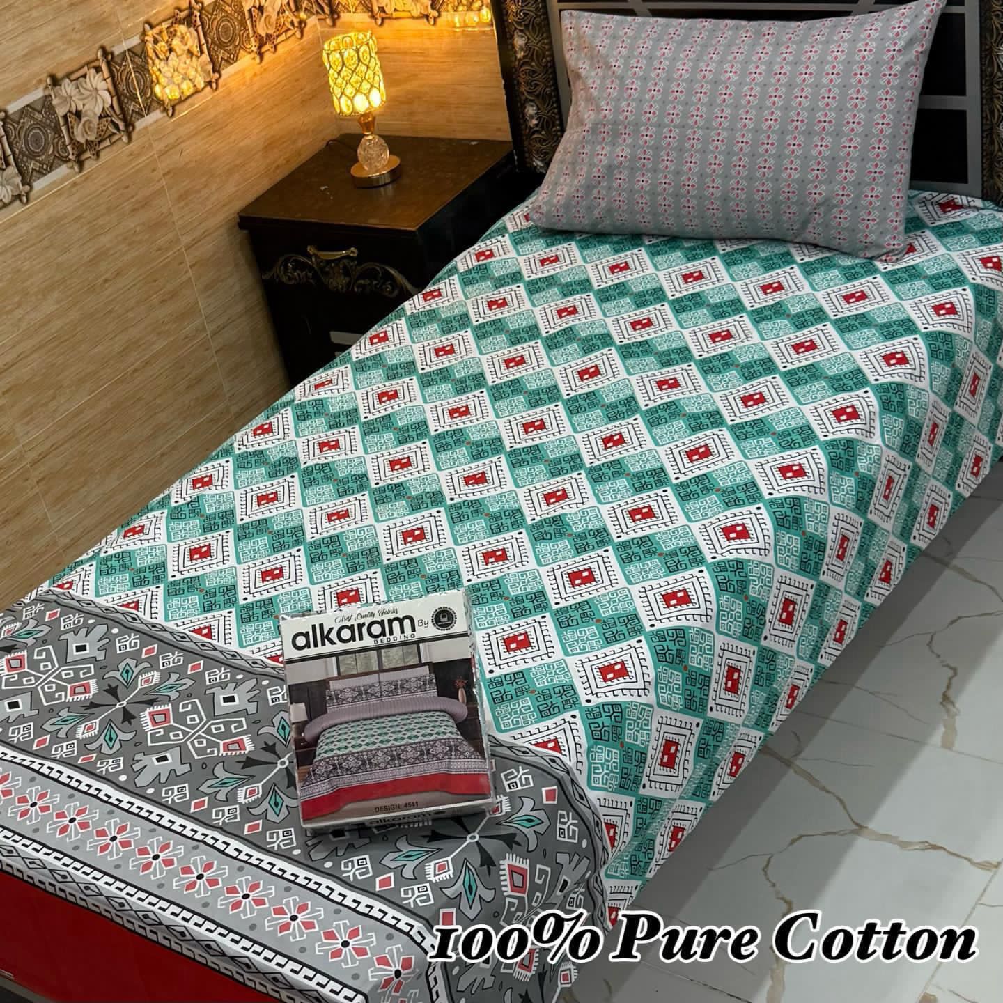 Single Bed 100% Pure Cotton Bedsheet Set – Stylish Printed Design with Gift Packaging (Available in 36 Designs & Colors) - Hut