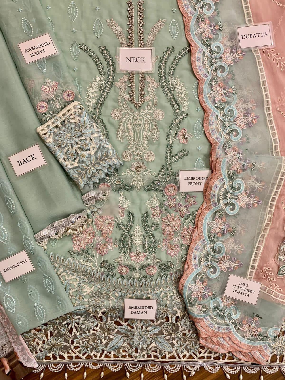 💫 Pastel Green & Pink Chiffon Embroidered Ensemble – MBL-MPC_23_104 V