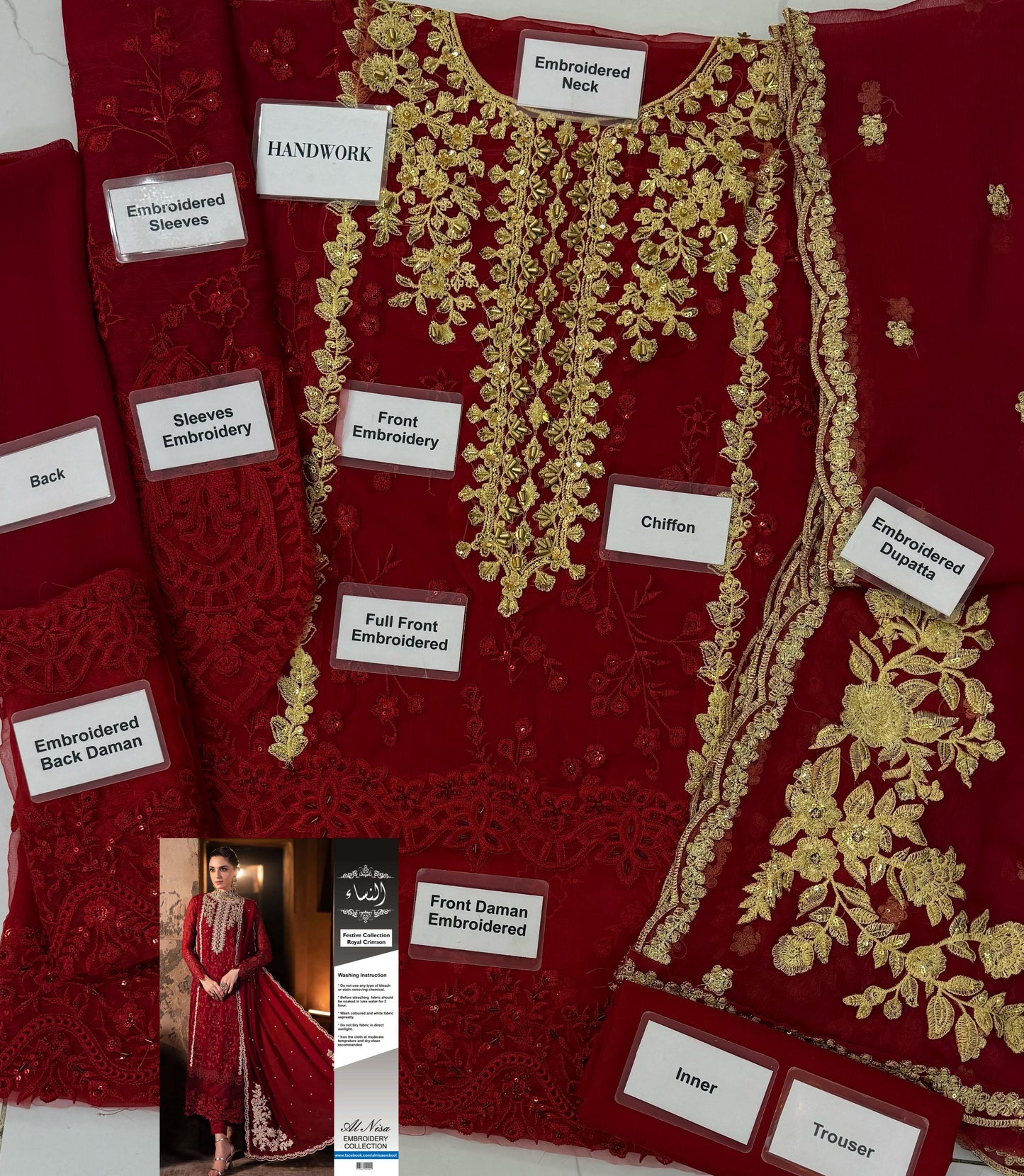 ❤️ Royal Crimson Chiffon Embroidered Ensemble –  AL-Nissa