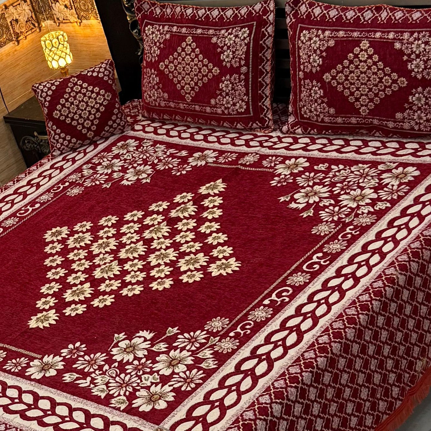 4Pc King Size Velvet Jacquard Bedsheet Set – Premium Floral Design with Cushion Cover (Available in 70+ Designs & Colors)-Hut