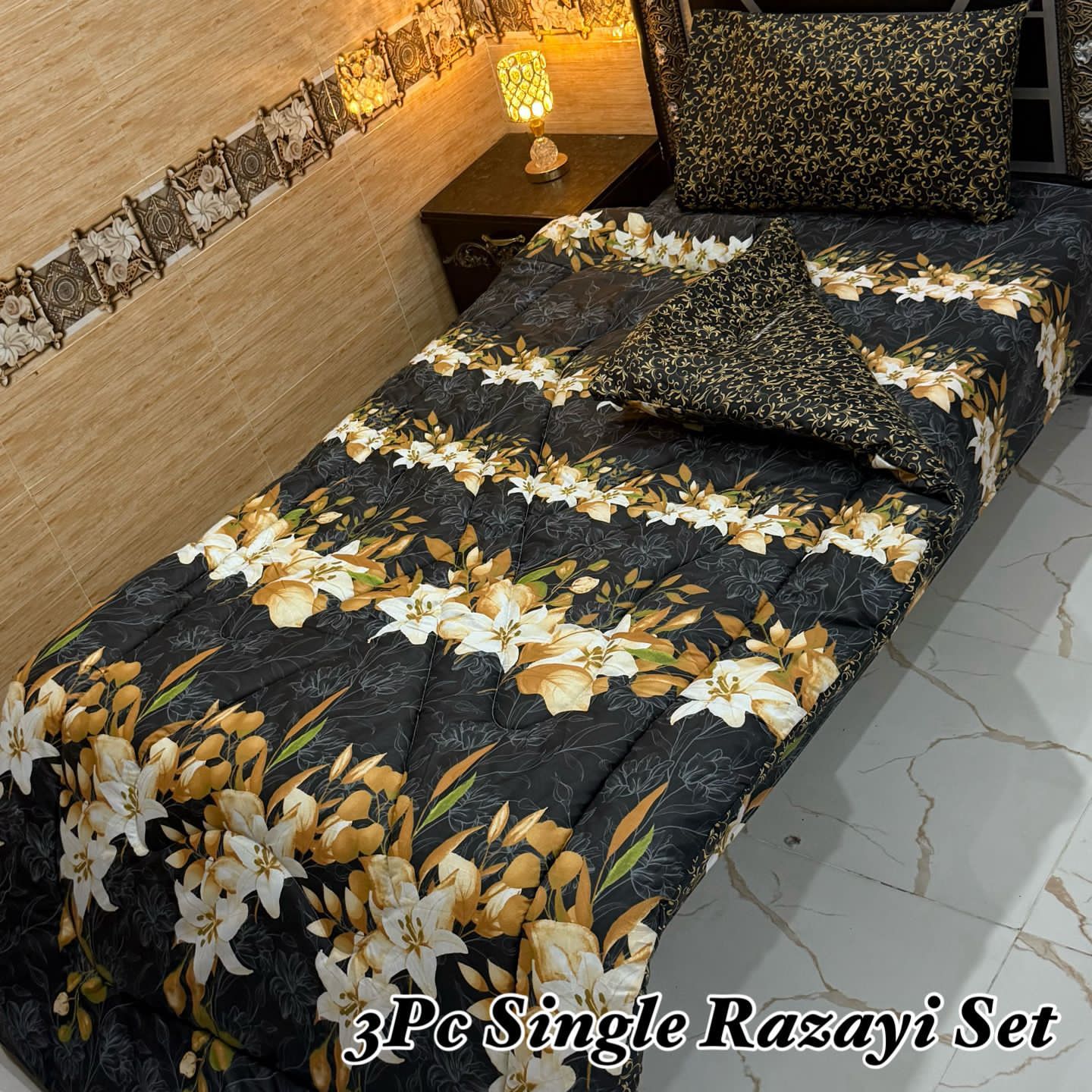 Single bed styled with 3PC Vicky Razai Set 2025 featuring mix cotton fabric, floral print, and 500 GSM filling. Includes razayi, bedsheet, and pillow cover.

