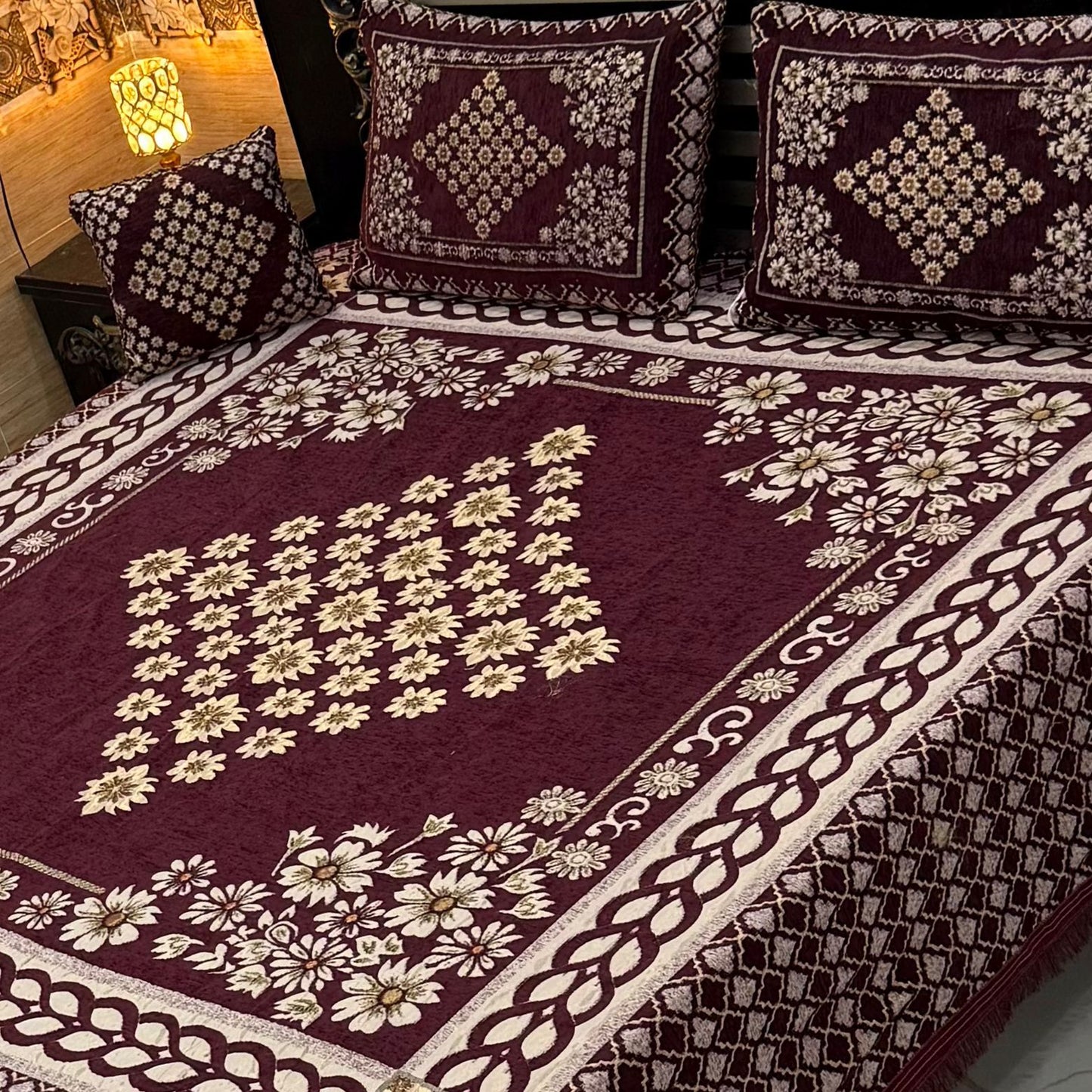 4Pc King Size Velvet Jacquard Bedsheet Set – Premium Floral Design with Cushion Cover (Available in 70+ Designs & Colors)-Hut