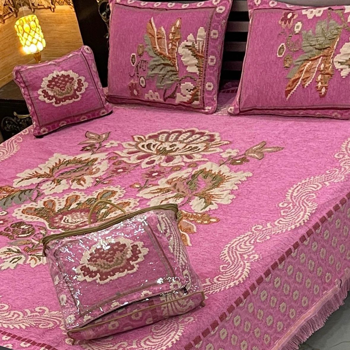 4Pc King Size Velvet Jacquard Bedsheet Set – Premium Floral Design with Cushion Cover (Available in 70+ Designs & Colors)-Hut