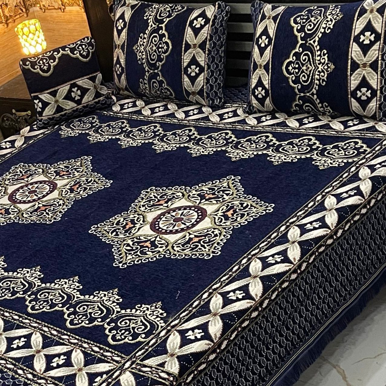 4Pc King Size Velvet Jacquard Bedsheet Set – Premium Floral Design with Cushion Cover (Available in 70+ Designs & Colors)-Hut